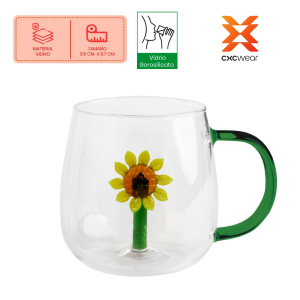 Taza de Vidrio Borosilicato con Girasol Decorativo